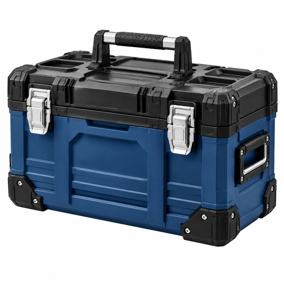 Caja de herramientas 50 x 25 x 28 cm de plástico azul y negro con cierres metálicos portátil