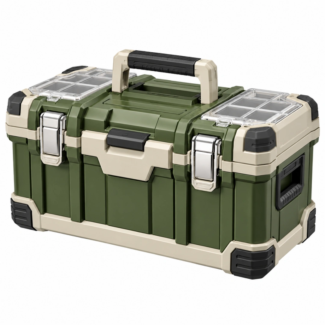 Caja de herramientas 48 x 25 x 27 cm de plástico verde y beige con organizadores y asa portátil