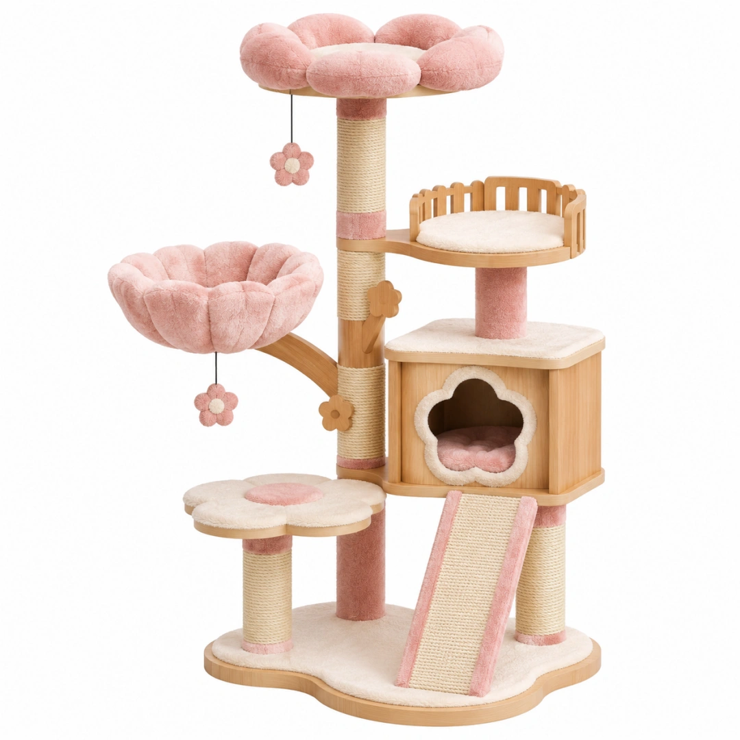 Árbol rascador para gatos 60 x 60 x 160 cm de madera rosa y crema con plataformas y refugio
