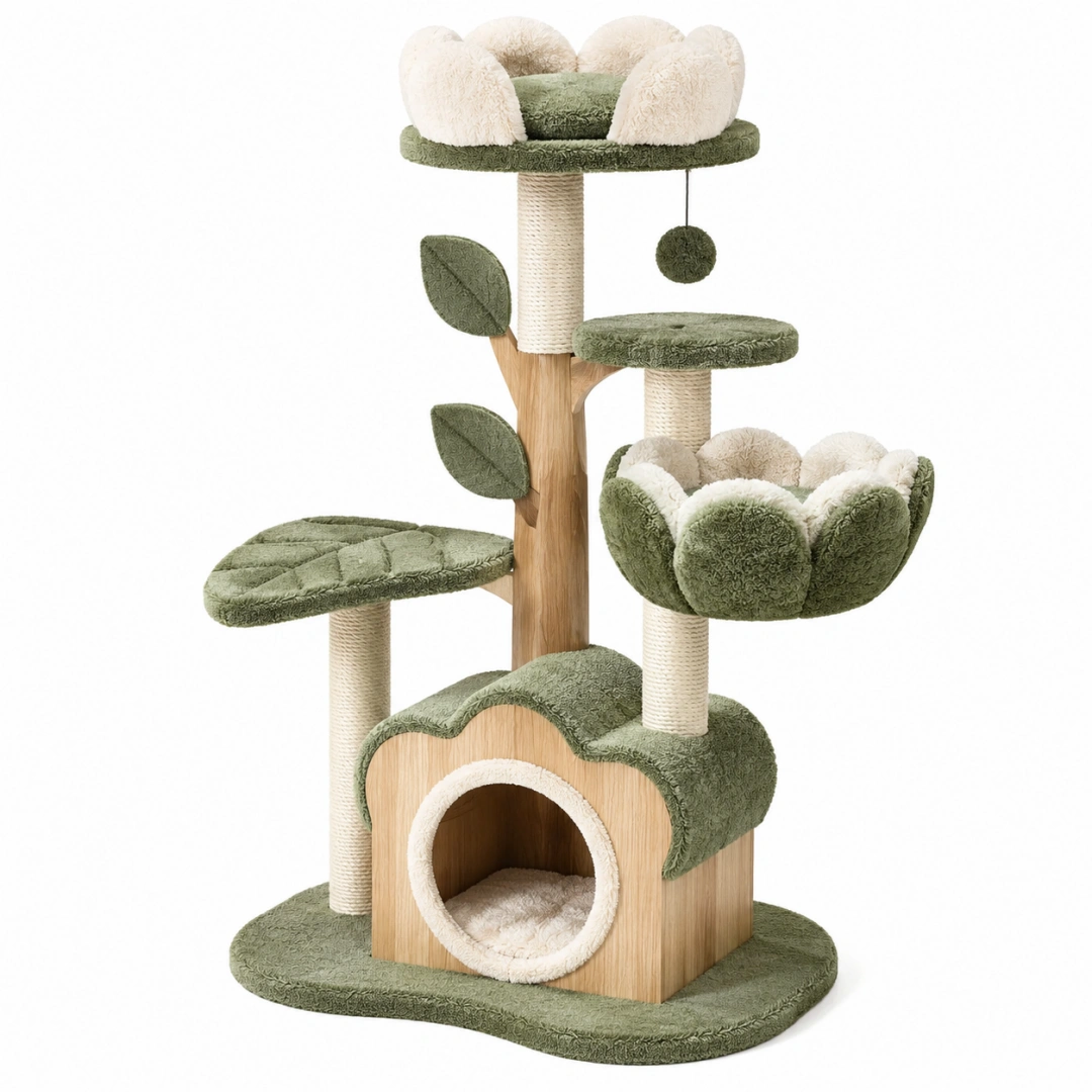 Árbol rascador para gatos 60 x 50 x 140 cm de madera y sisal verde y beige con cueva y plataformas