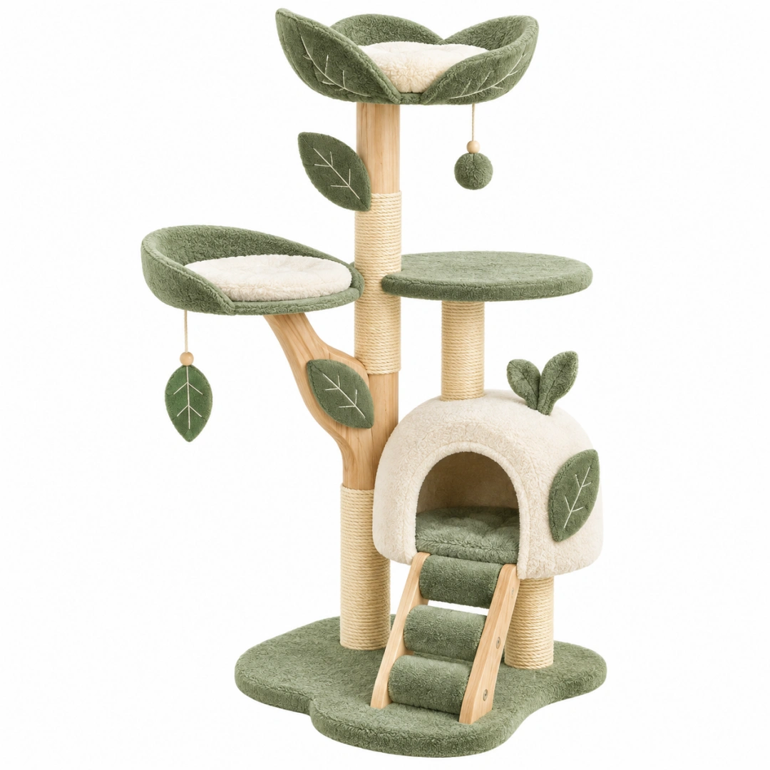 Árbol rascador para gatos 60 x 60 x 150 cm de madera y sisal verde y beige con cueva y plataformas