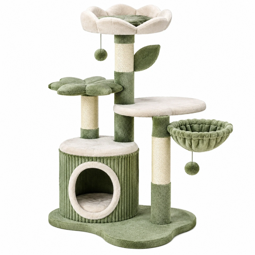 Árbol rascador para gatos 60 x 50 x 120 cm de felpa y sisal verde y crema con cueva y hamaca