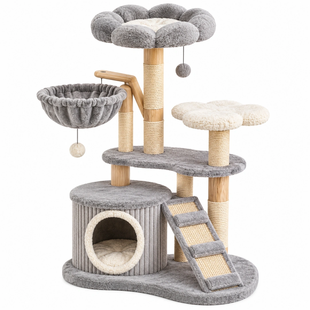 Árbol rascador para gatos 60 x 50 x 120 cm de madera gris y beige con sisal y plataformas