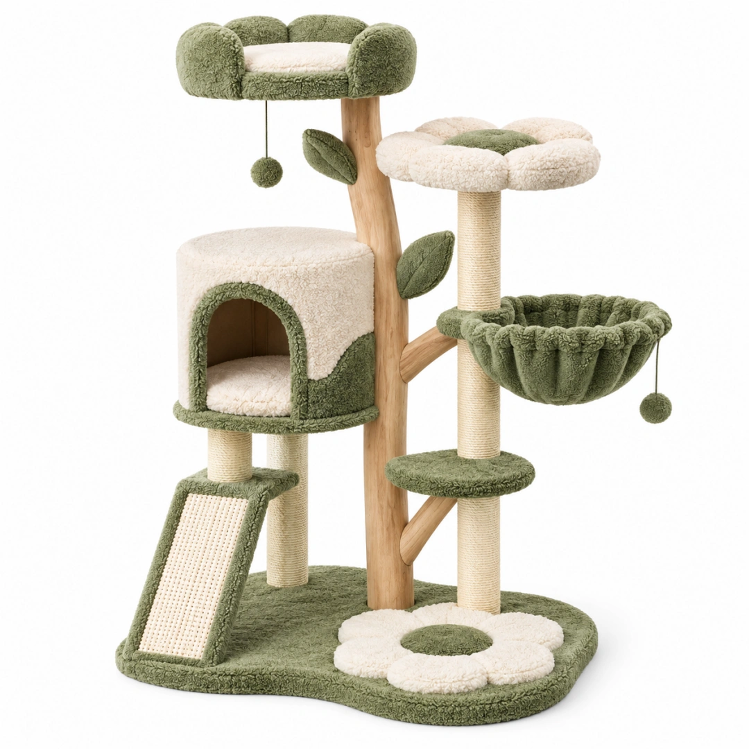 Árbol rascador para gatos 60 x 50 x 135 cm de sisal y felpa verde crema con refugio y plataformas