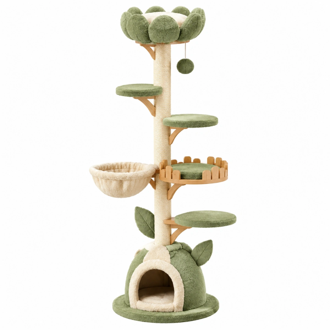 Árbol rascador para gatos 60 x 60 x 170 cm de sisal y felpa verde con refugio y plataformas