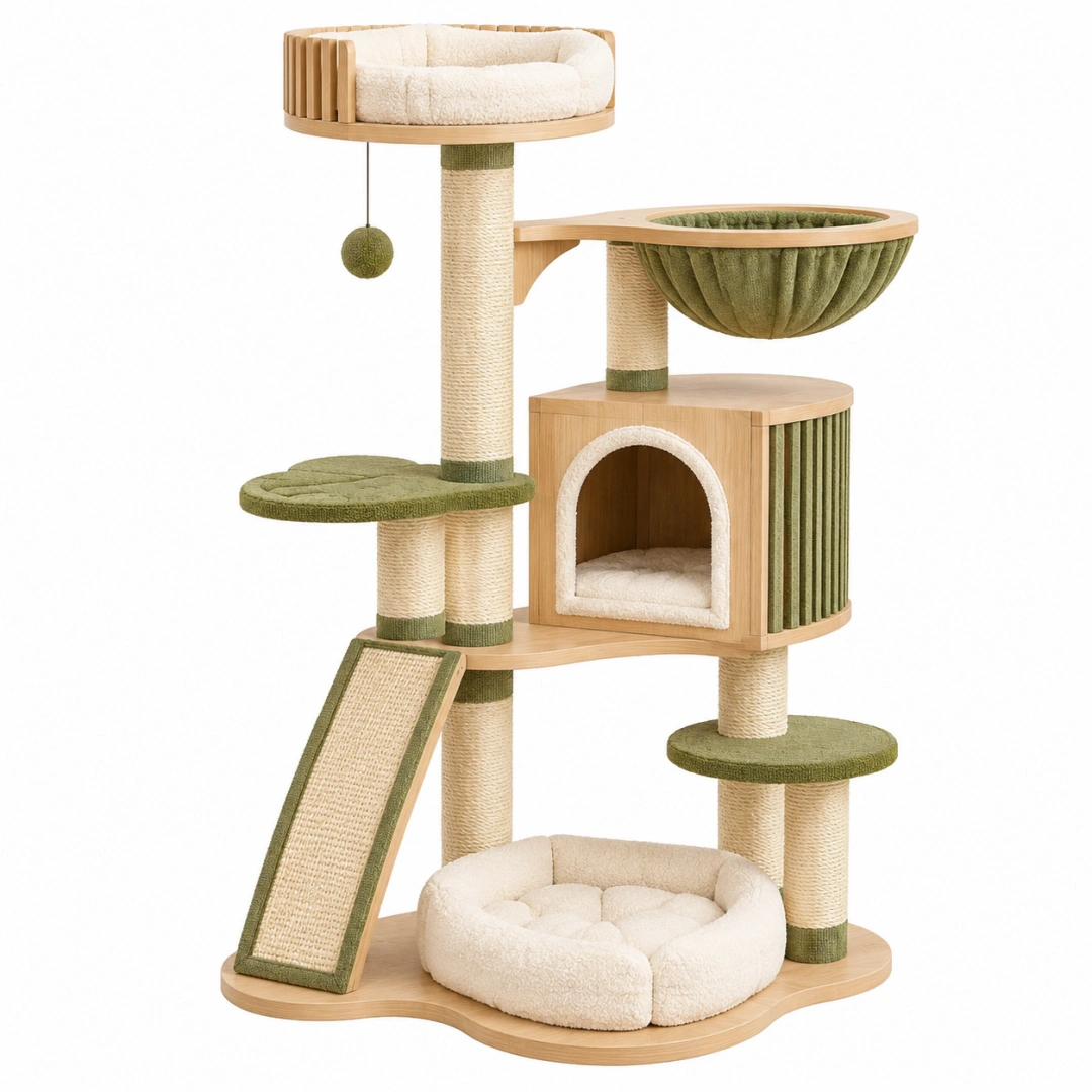 Árbol rascador para gatos 70 x 50 x 160 cm de madera sisal y felpa beige verde