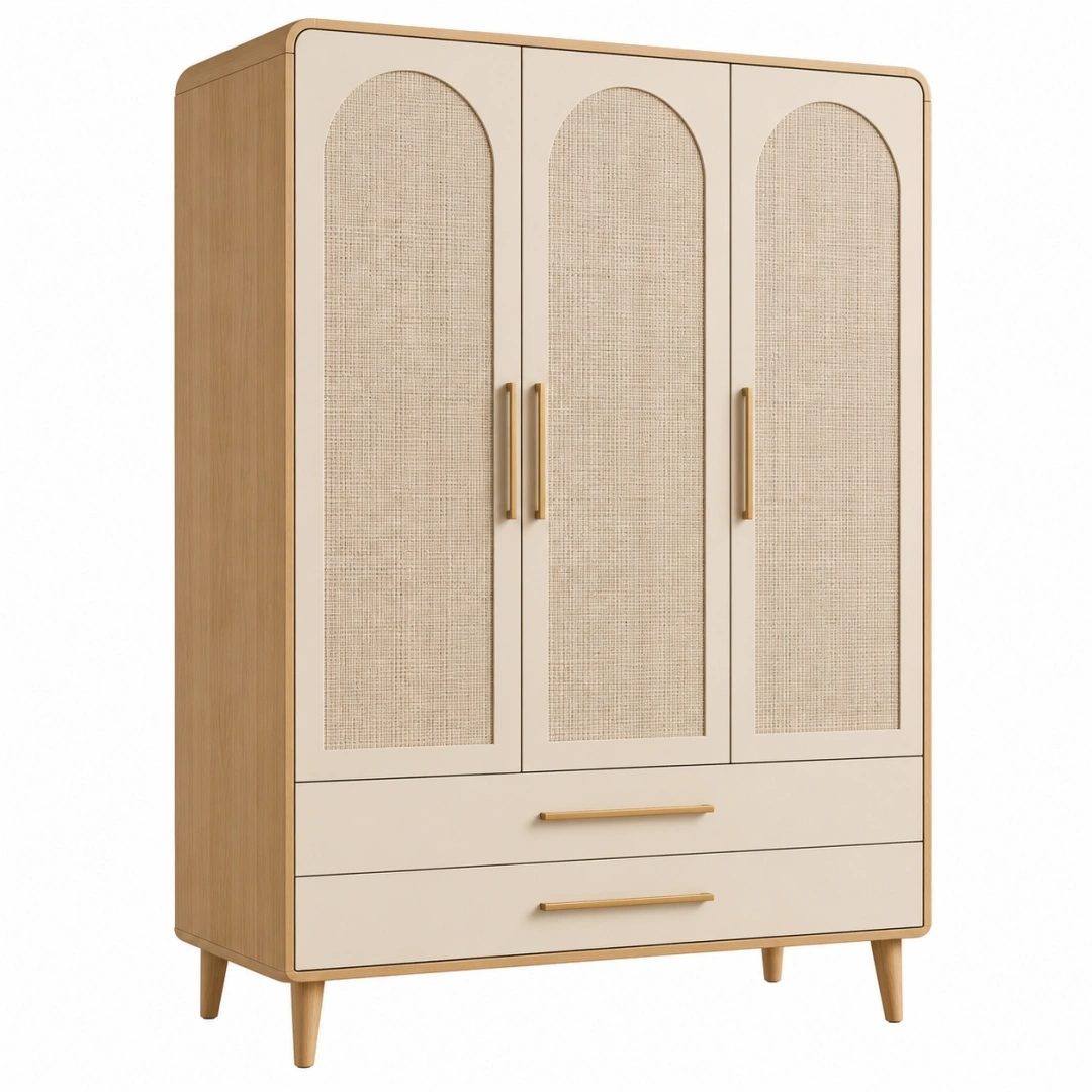 Armario de 120 cm con puertas de rejilla y cajones en madera natural y beige