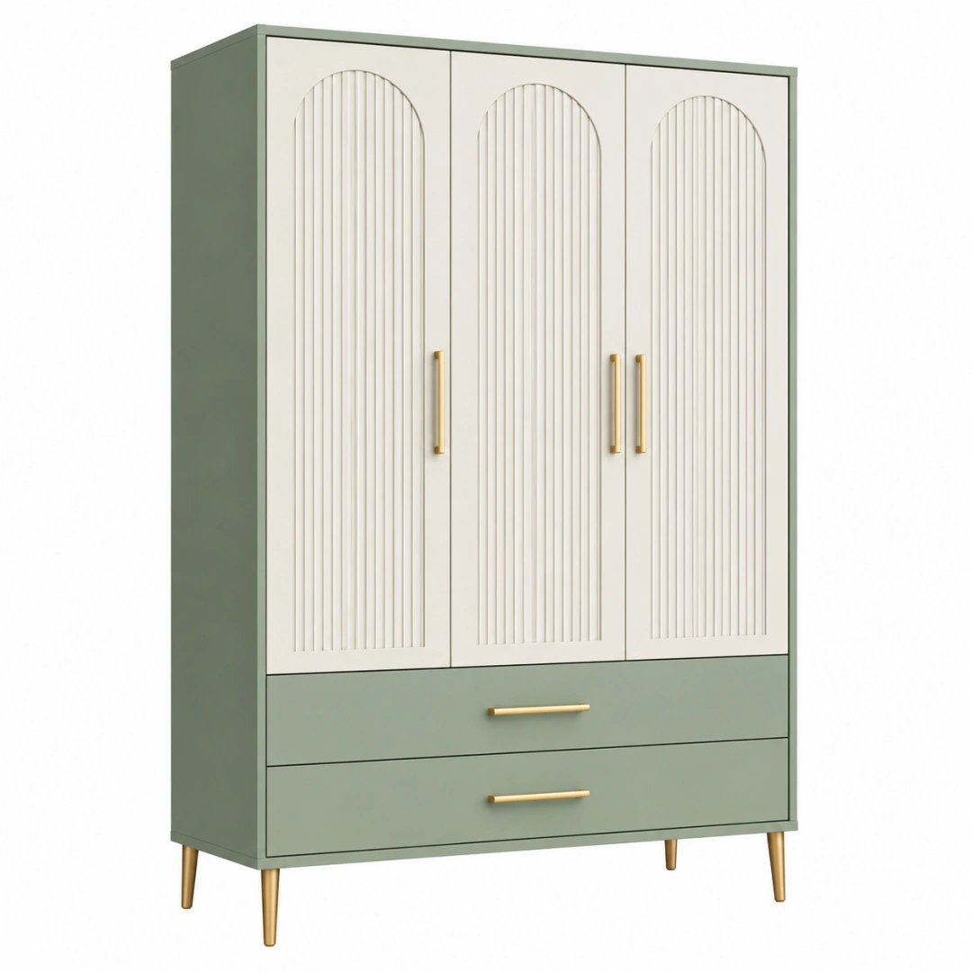 Armario 120 x 50 x 180 cm de madera verde y blanco con 3 puertas y 2 cajones estilo contemporáneo