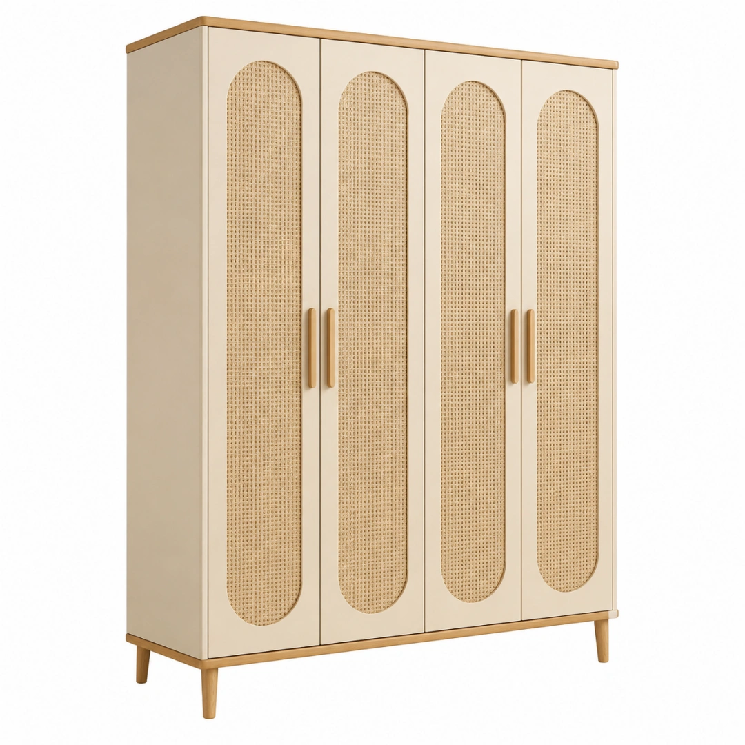 Armario de 4 puertas 160 x 55 x 190 cm de madera beige con rejilla de ratán - almacenaje de estilo natural