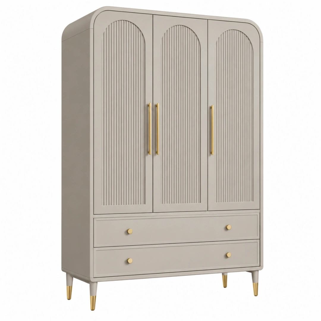 Armario 120 x 55 x 190 cm de madera beige con 3 puertas y 2 cajones estilo contemporáneo