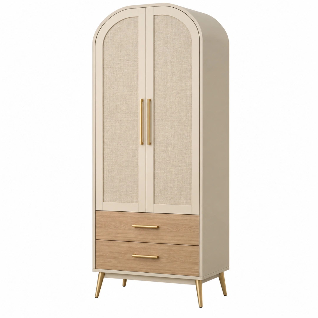 Armario de almacenamiento 90 x 50 x 190 cm beige y madera con puertas textiles estilo moderno