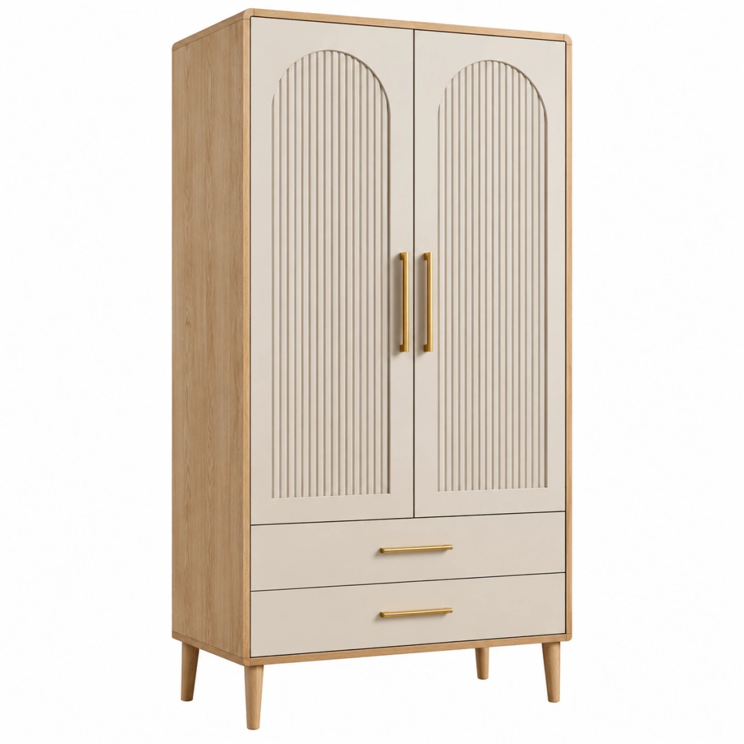 Armario 80 x 45 x 180 cm de madera beige y natural con 2 puertas 2 cajones estilo moderno
