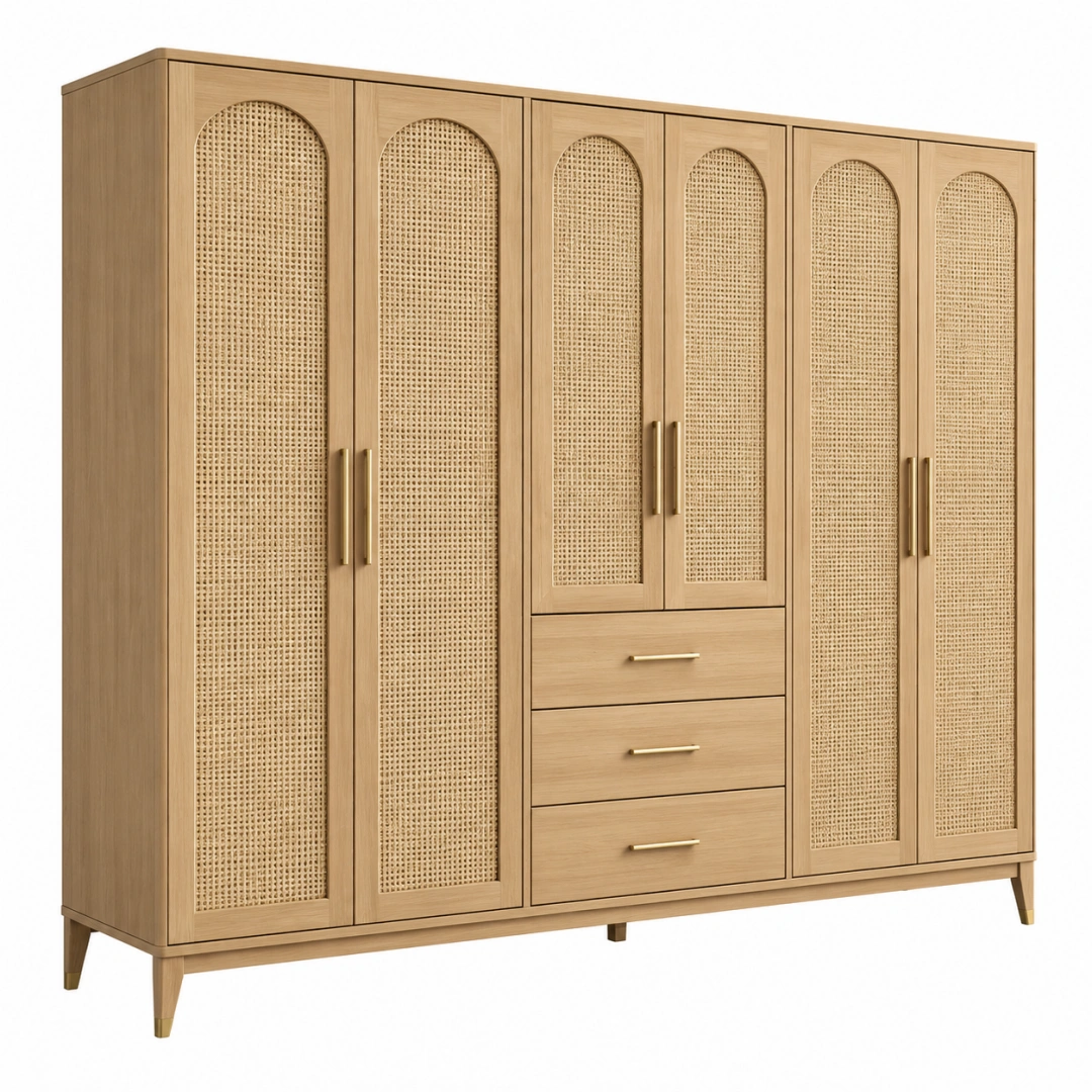 Armario ropero 240x55x200 cm de madera y ratán natural color madera estilo contemporáneo