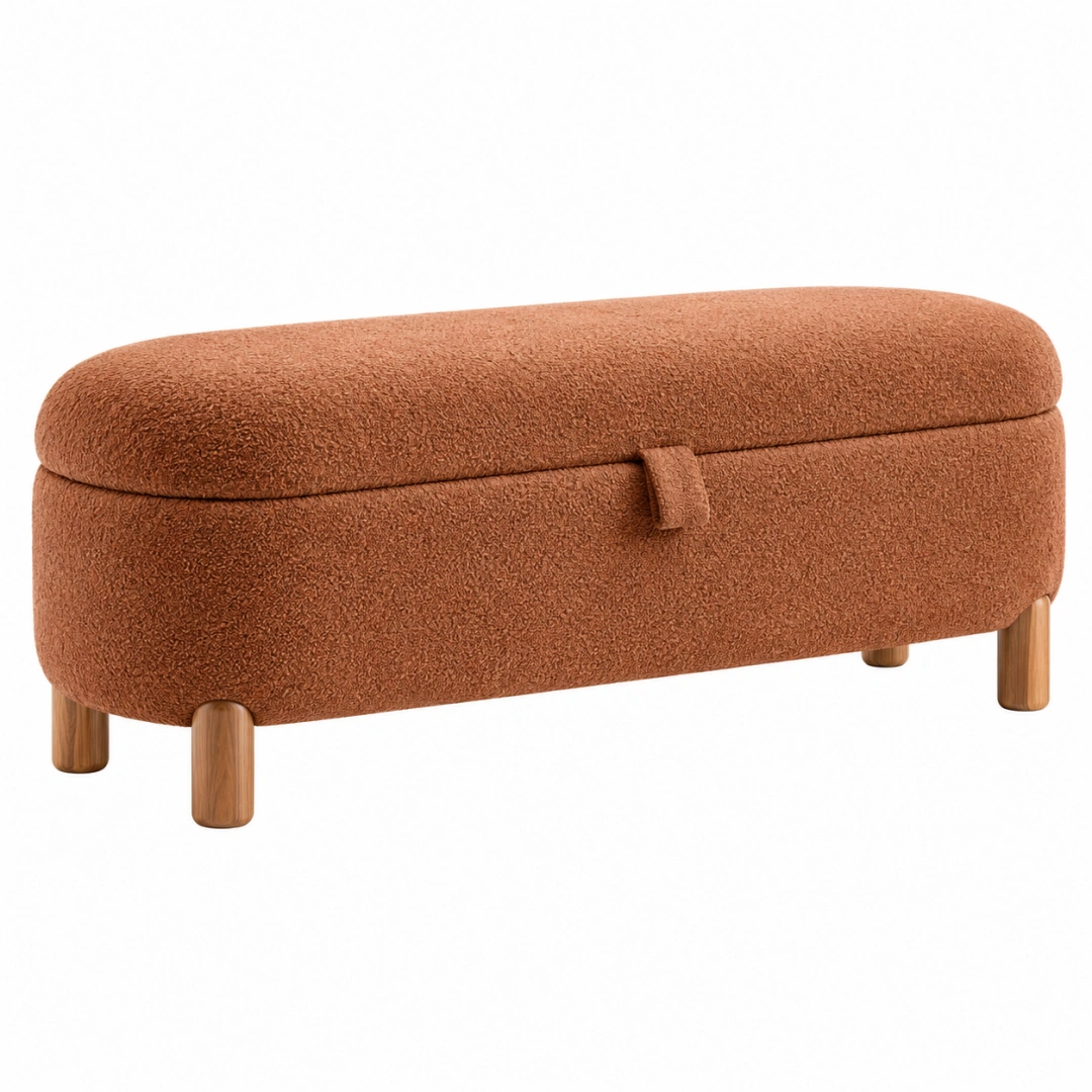 Banco baúl 100 cm de tela bouclé terracota con almacenaje y patas de madera