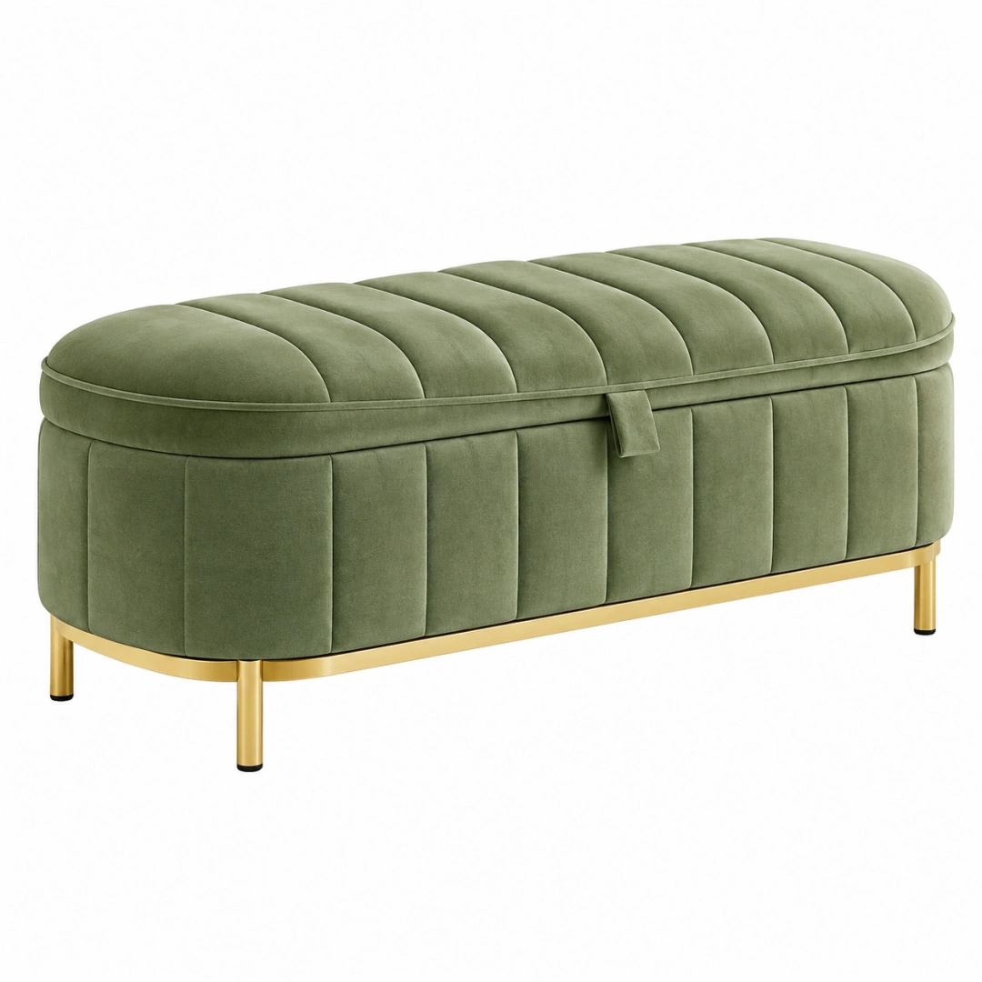 Banco arcón 100 x 45 x 45 cm de terciopelo verde con patas metálicas doradas - almacenaje capitoné