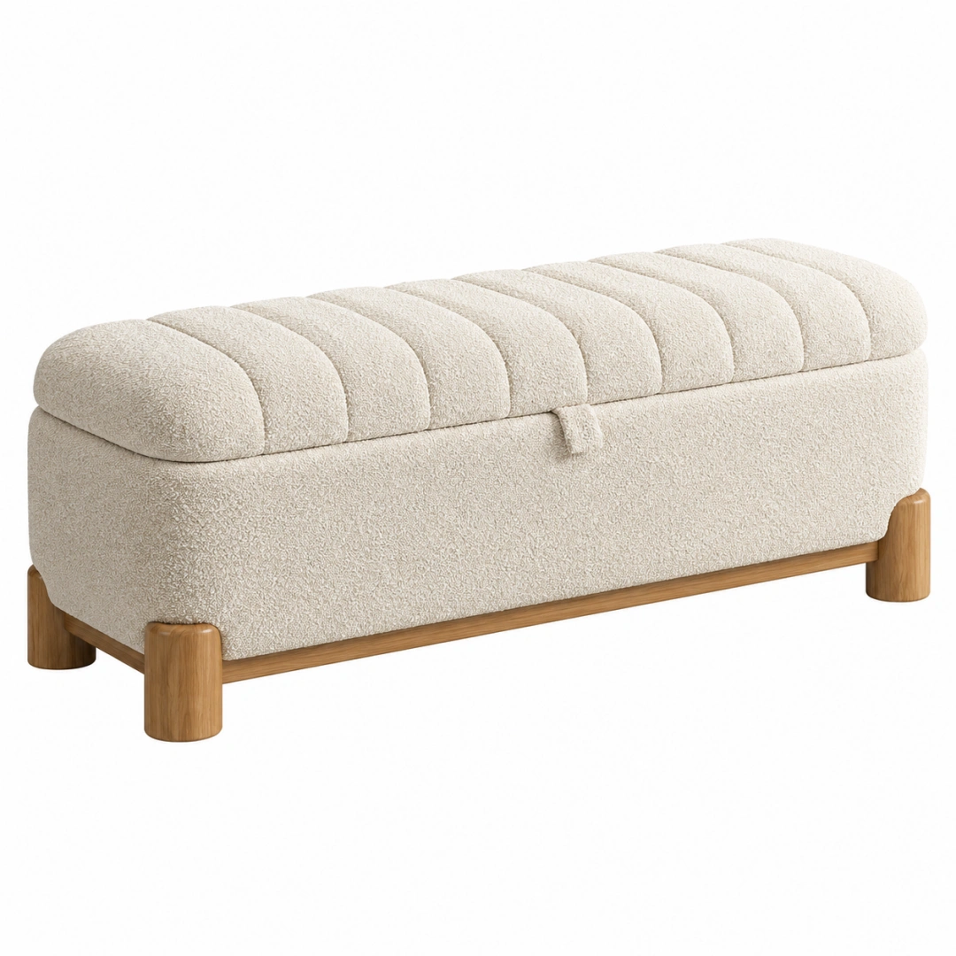 Banco con almacenamiento 120 x 45 x 48 cm beige de tejido bouclé y madera - asiento acolchado
