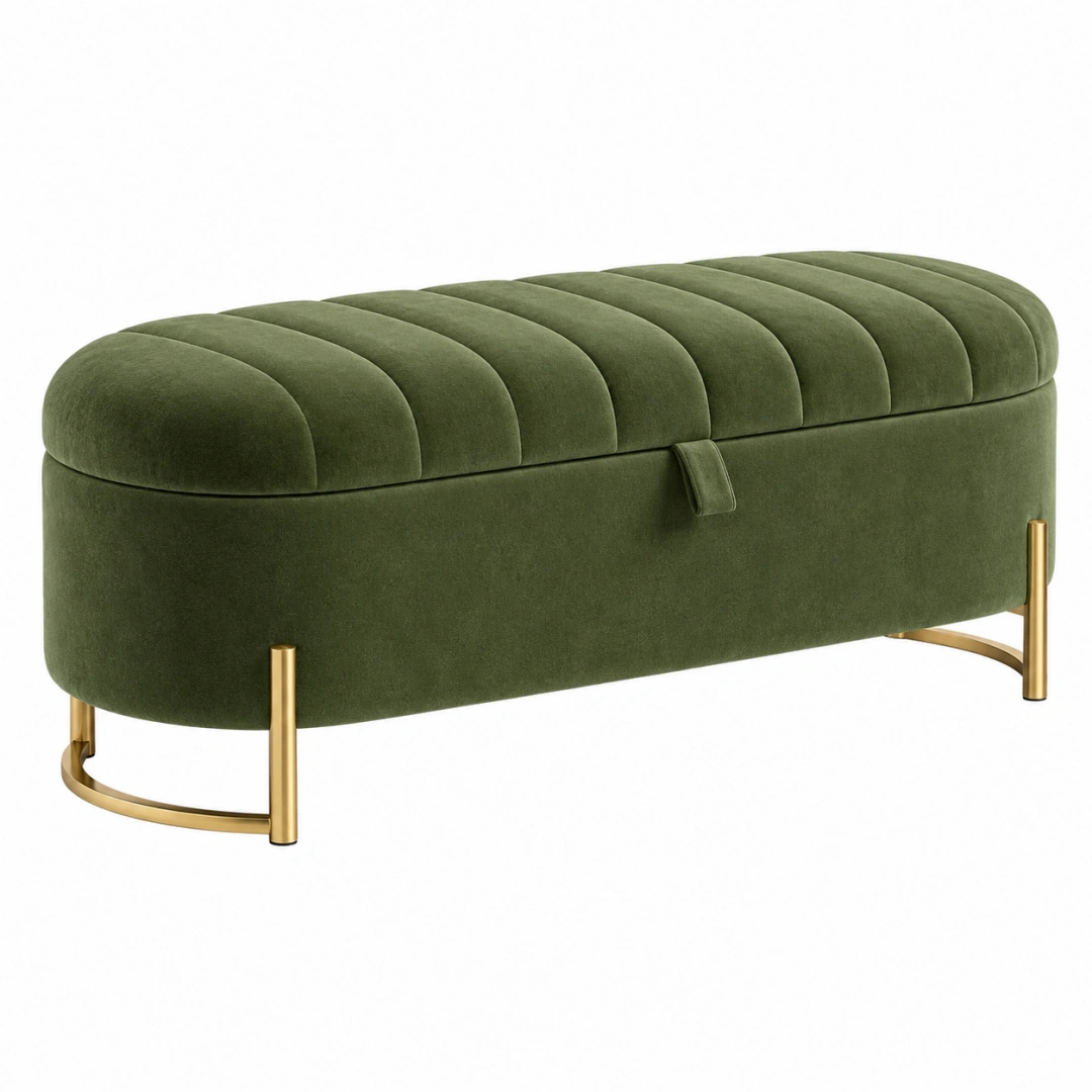 Banco baúl 120 x 45 x 48 cm de terciopelo verde con patas metálicas doradas estilo moderno