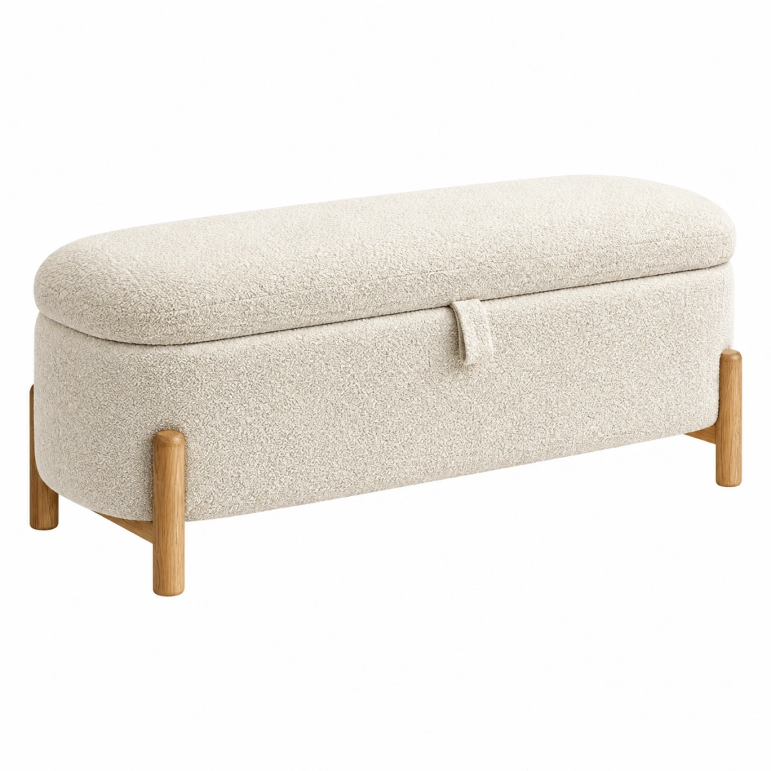 Banco de almacenaje 110 x 45 x 48 cm bouclé beige con patas de madera - asiento acolchado estilo nórdico