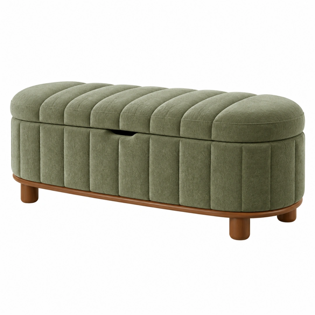 Banco arcón 140 x 45 x 50 cm tapizado verde con almacenamiento y patas de madera