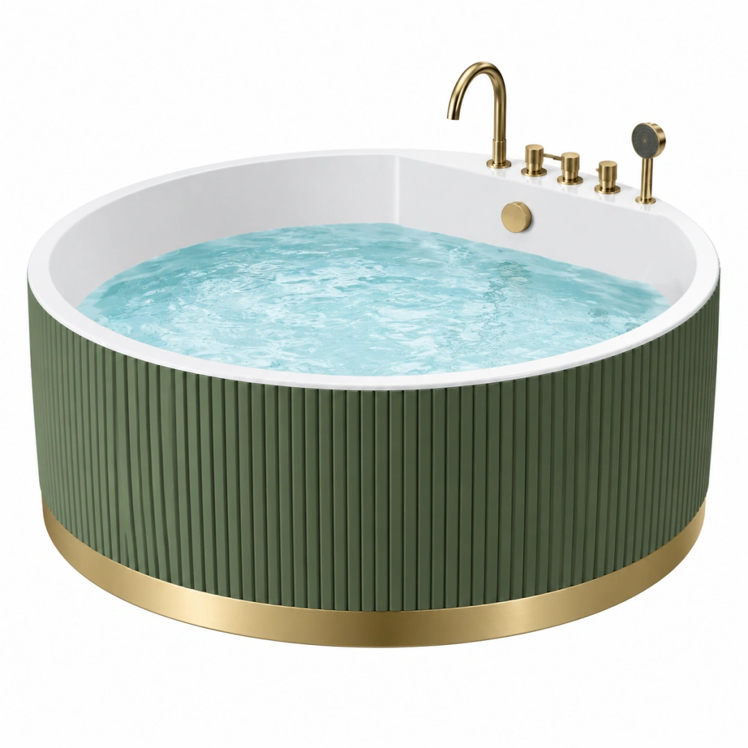Bañera exenta redonda 150 cm de acrílico verde con grifería dorada estilo contemporáneo