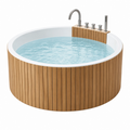 Bañera redonda 150 x 90 cm de acrílico blanco y madera con grifería contemporánea