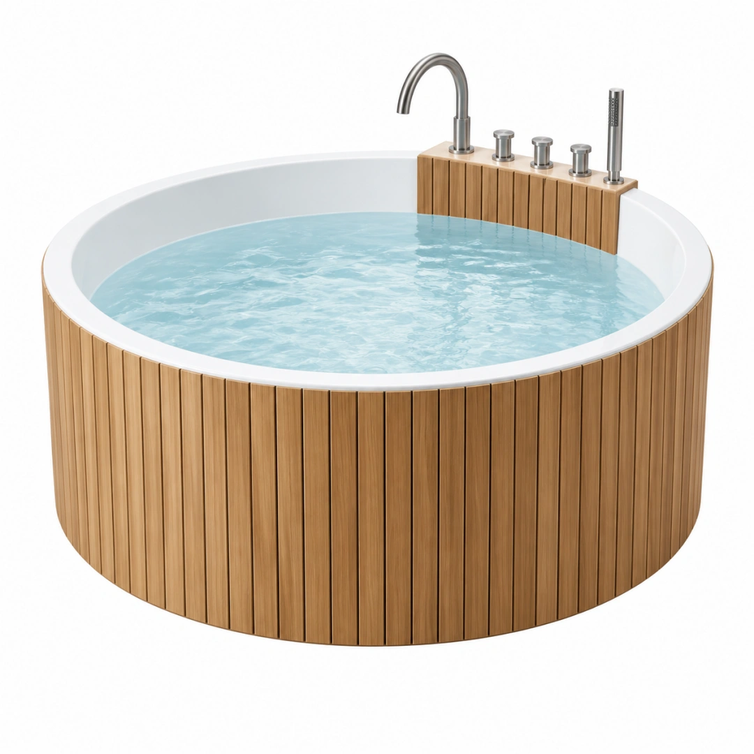 Bañera redonda 150 x 90 cm de acrílico blanco y madera con grifería contemporánea