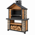 Barbacoa de jardín 120 x 70 x 220 cm de acero madera y piedra negra estilo rústico con chimenea
