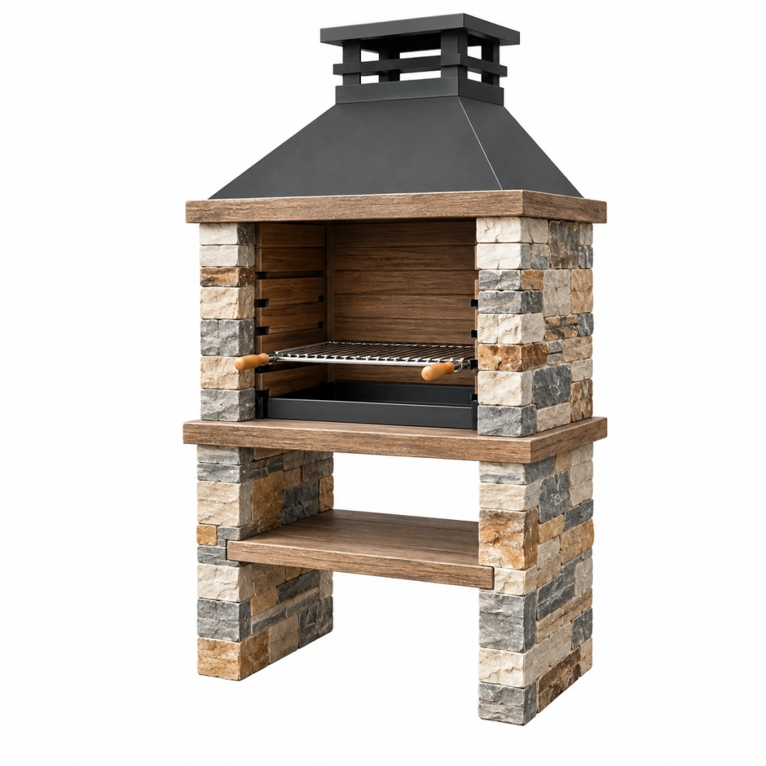 Barbacoa de piedra 100 x 70 x 210 cm con parrilla de acero y chimenea negra