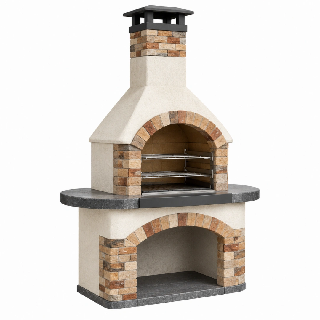 Barbacoa de obra 120 x 70 x 230 cm de piedra beige y acero - horno exterior rústico