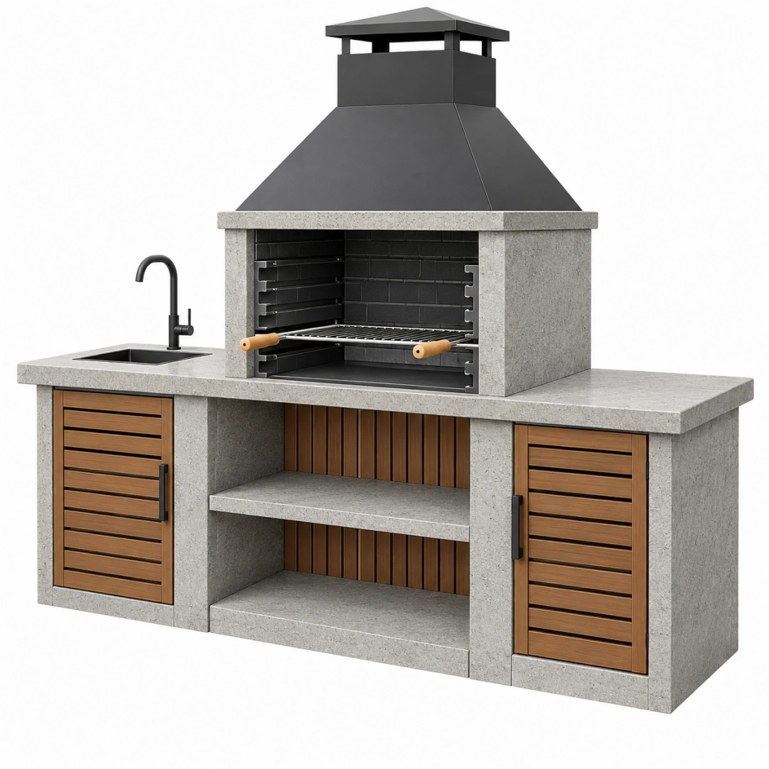 Cocina exterior con barbacoa 220 x 65 x 230 cm de hormigón gris y acero con fregadero y almacenaje