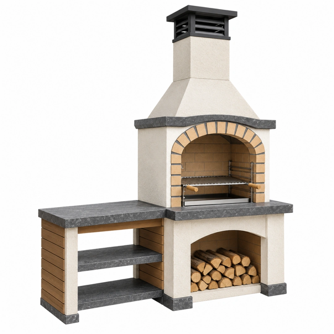 Barbacoa de obra 180 x 75 x 230 cm de hormigón beige con parrilla de acero para exterior