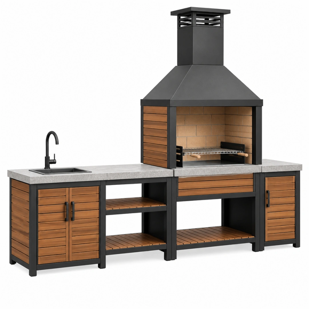 Cocina exterior con barbacoa 240 x 70 x 230 cm acero negro y madera