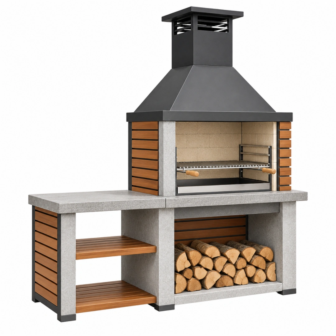 Barbacoa de obra 200 x 70 x 250 cm de hormigón gris y acero negro con parrilla y chimenea