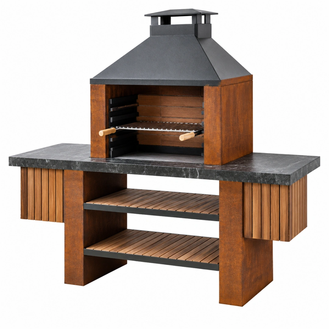 Barbacoa de jardín 140 x 70 x 210 cm de acero y madera marrón negro con parrilla y encimera